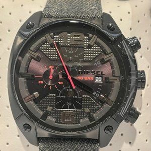 NIB DIESEL OVERFLOW DZ4373 Black Chronograph Dial Gray Jeans Leather Strap Men's